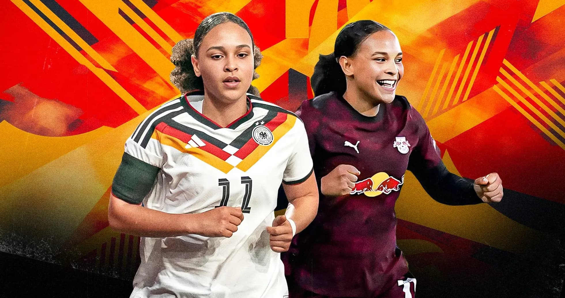 Jugadoras de fútbol con uniformes de Alemania y RB Leipzig