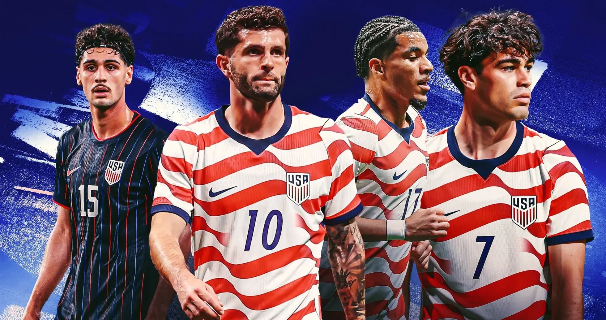 Cuatro jugadores de fútbol de Estados Unidos en uniforme