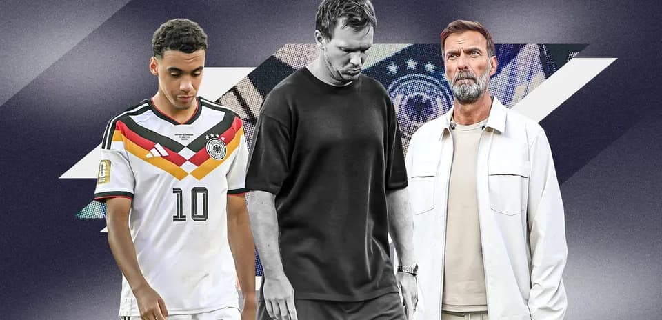 Tres hombres en un fondo gráfico, uno con camiseta de Alemania