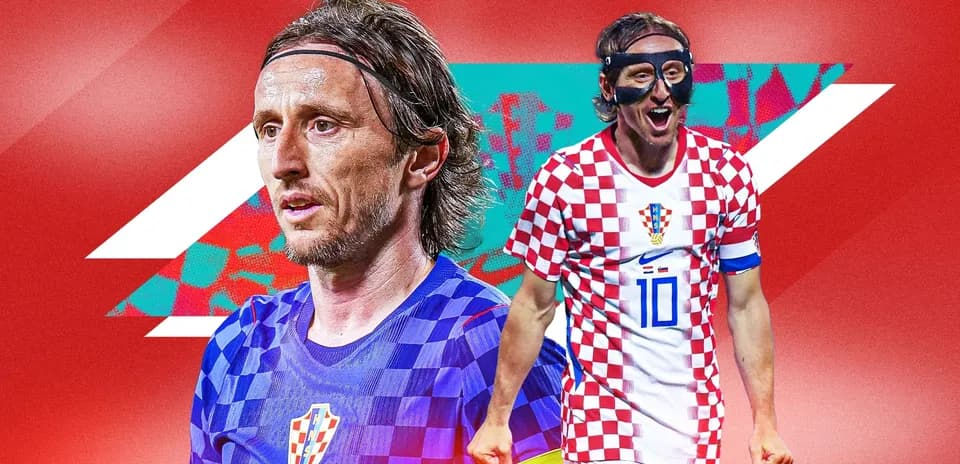 Luka Modric en uniforme de Croacia con fondo rojo