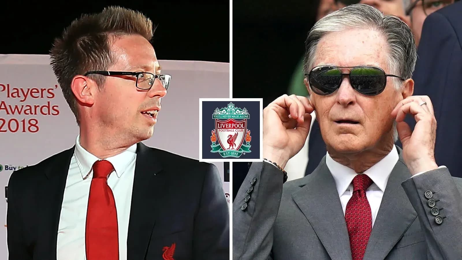 Dos hombres en evento de Liverpool, logo en el centro Dos hombres en evento de Liverpool, logo en el centro