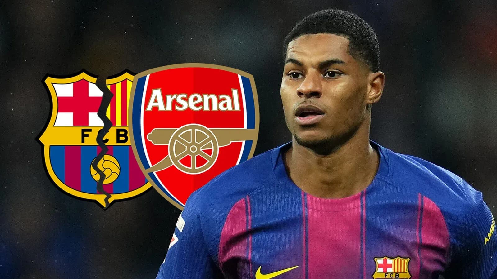 Jugador de Barcelona con escudos de Barcelona y Arsenal