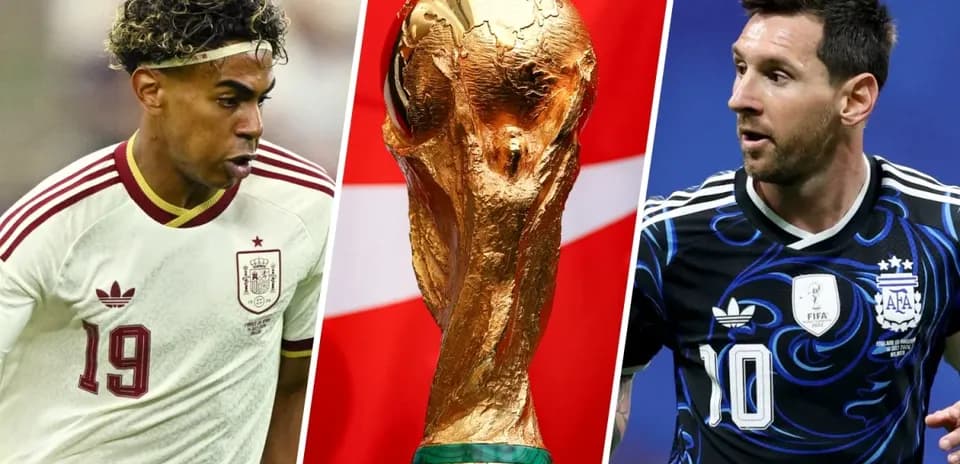 Jugadores de España y Argentina con la Copa del Mundo