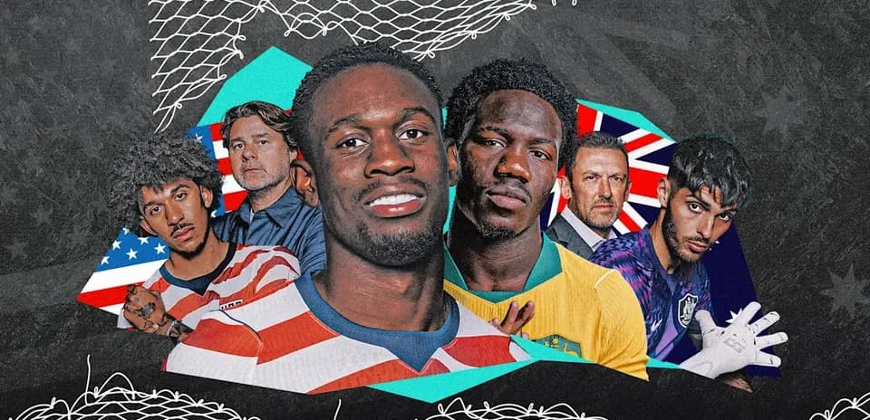 Jugadores de fútbol y entrenadores en fondo gráfico