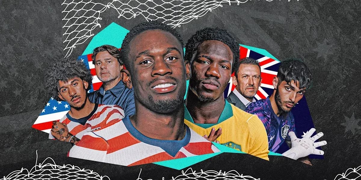 Jugadores de fútbol y entrenadores en fondo gráfico