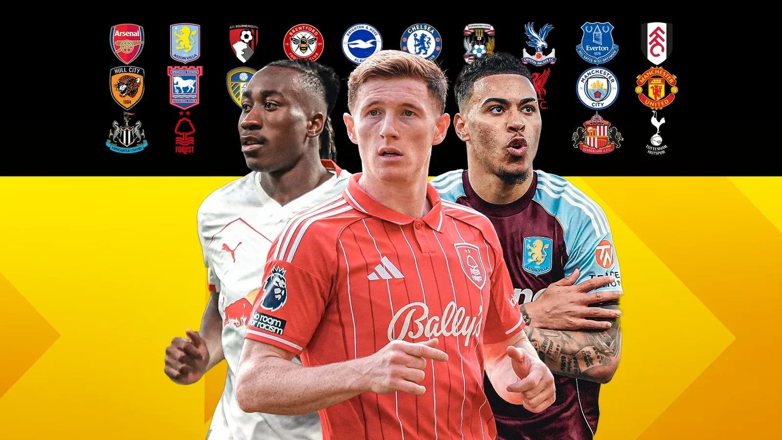 Tres jugadores de fútbol frente a logotipos de equipos