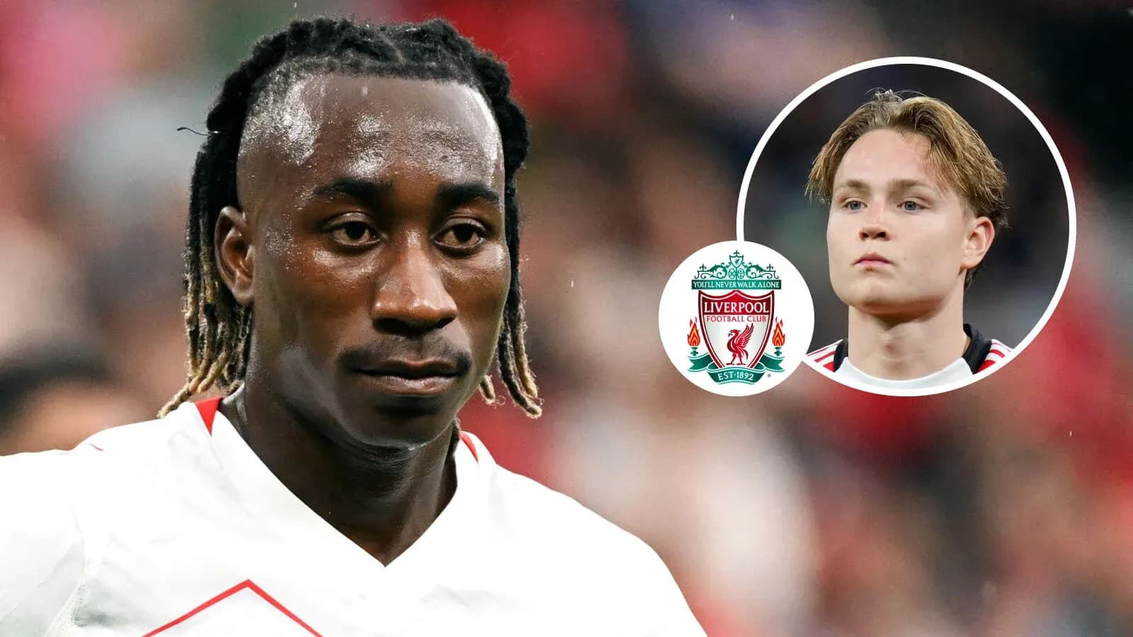 Jugador en primer plano con camiseta blanca y escudo de Liverpool