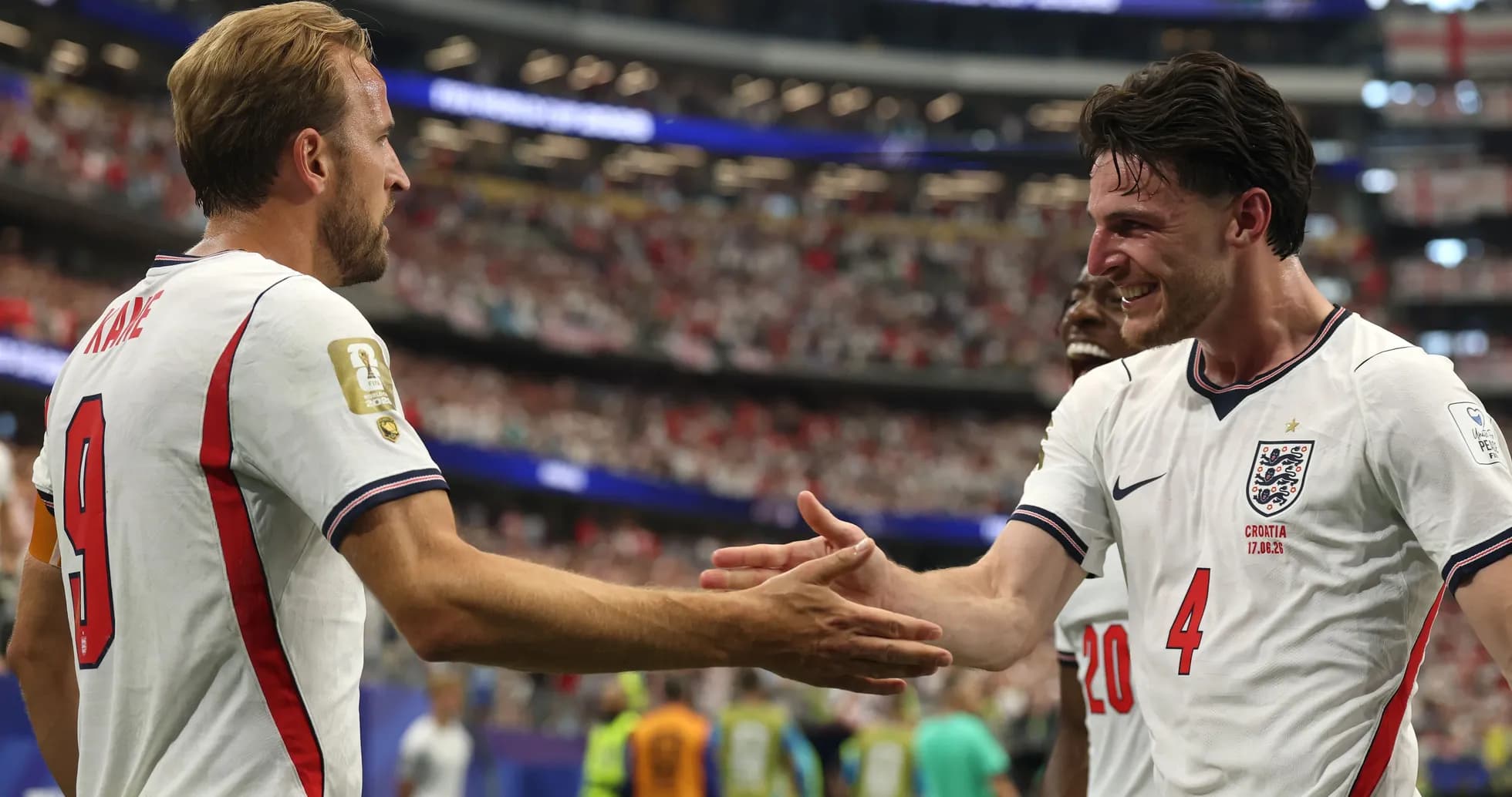 Harry Kane y Declan Rice celebrando un gol