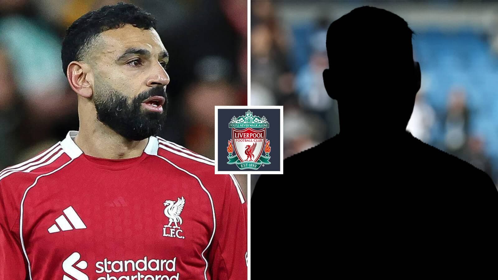 Mohamed Salah en uniforme de Liverpool con silueta detrás Mohamed Salah en uniforme de Liverpool con silueta detrás