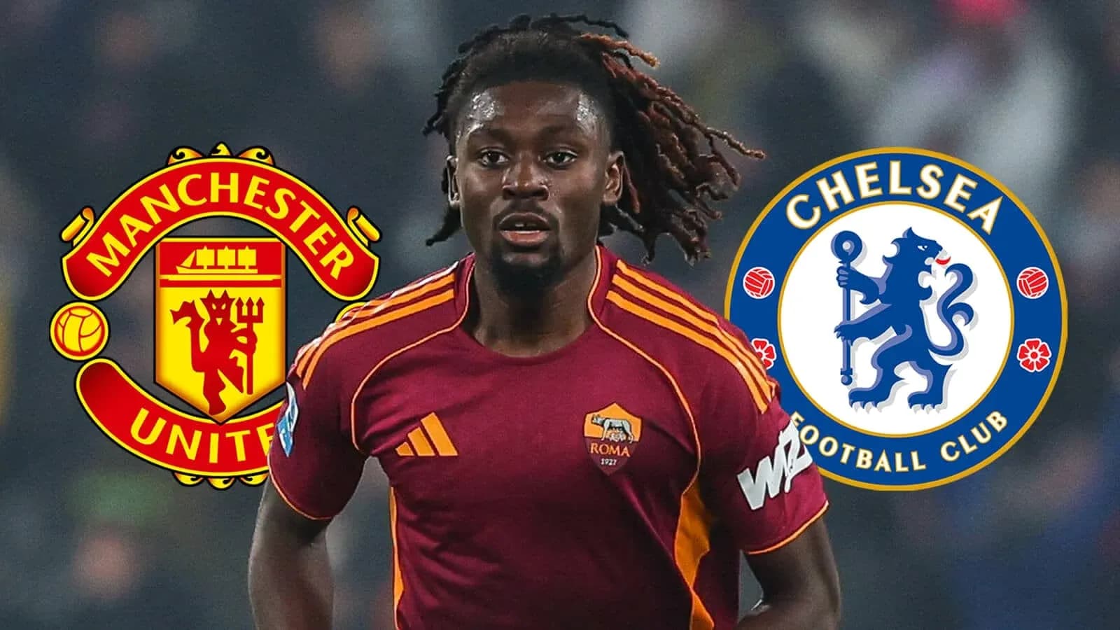 Jugador de Roma con logotipos de Manchester United y Chelsea Jugador de Roma con logotipos de Manchester United y Chelsea
