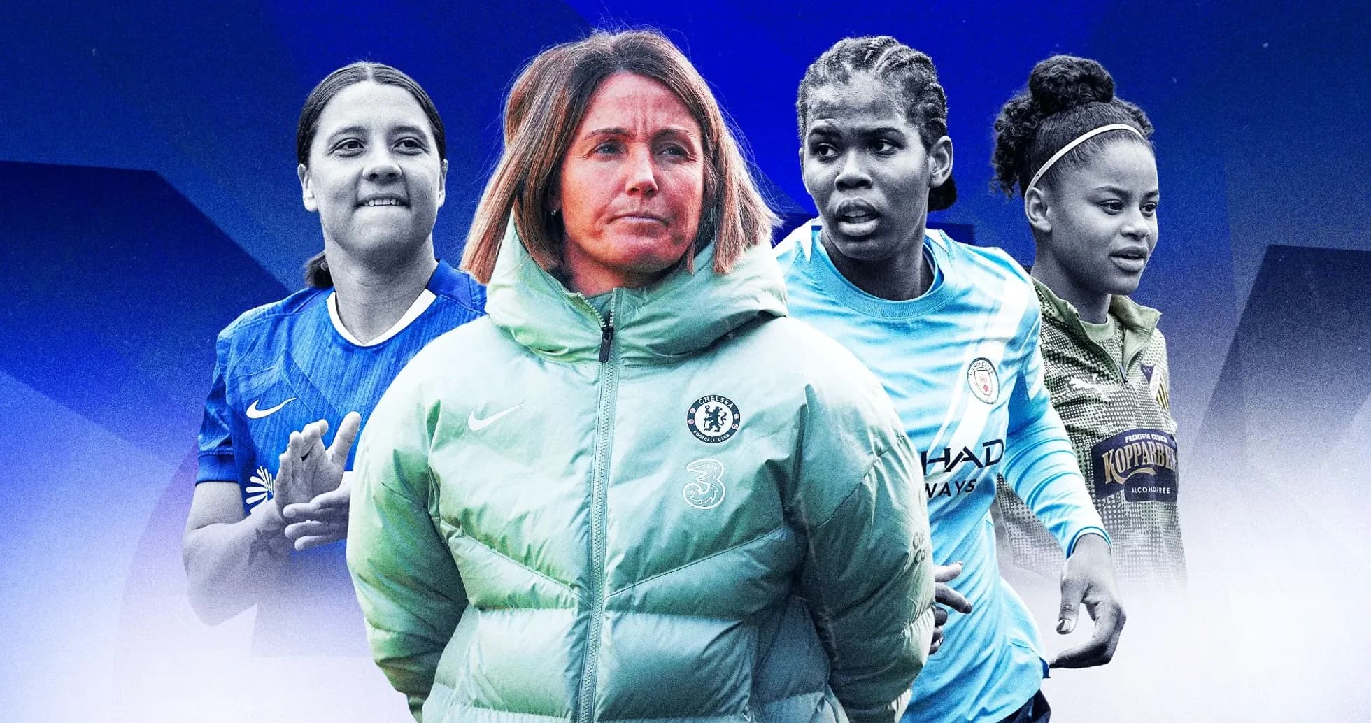 Cuatro futbolistas y una entrenadora en fondo azul Cuatro futbolistas y una entrenadora en fondo azul