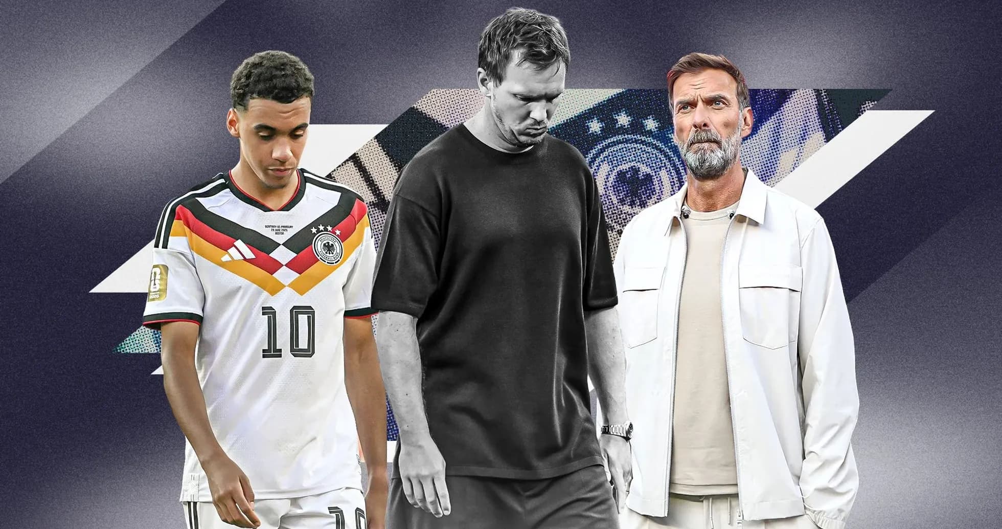 Tres hombres en un fondo gráfico, uno con camiseta de Alemania Tres hombres en un fondo gráfico, uno con camiseta de Alemania