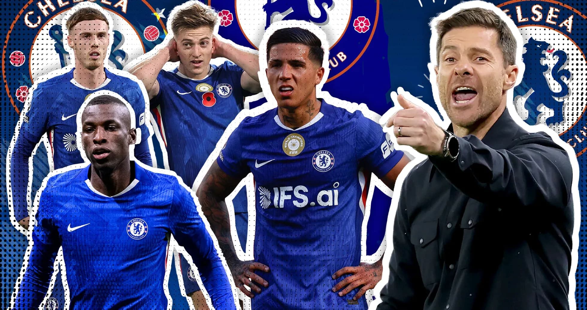 Jugadores y entrenador de Chelsea en fondo gráfico Jugadores y entrenador de Chelsea en fondo gráfico