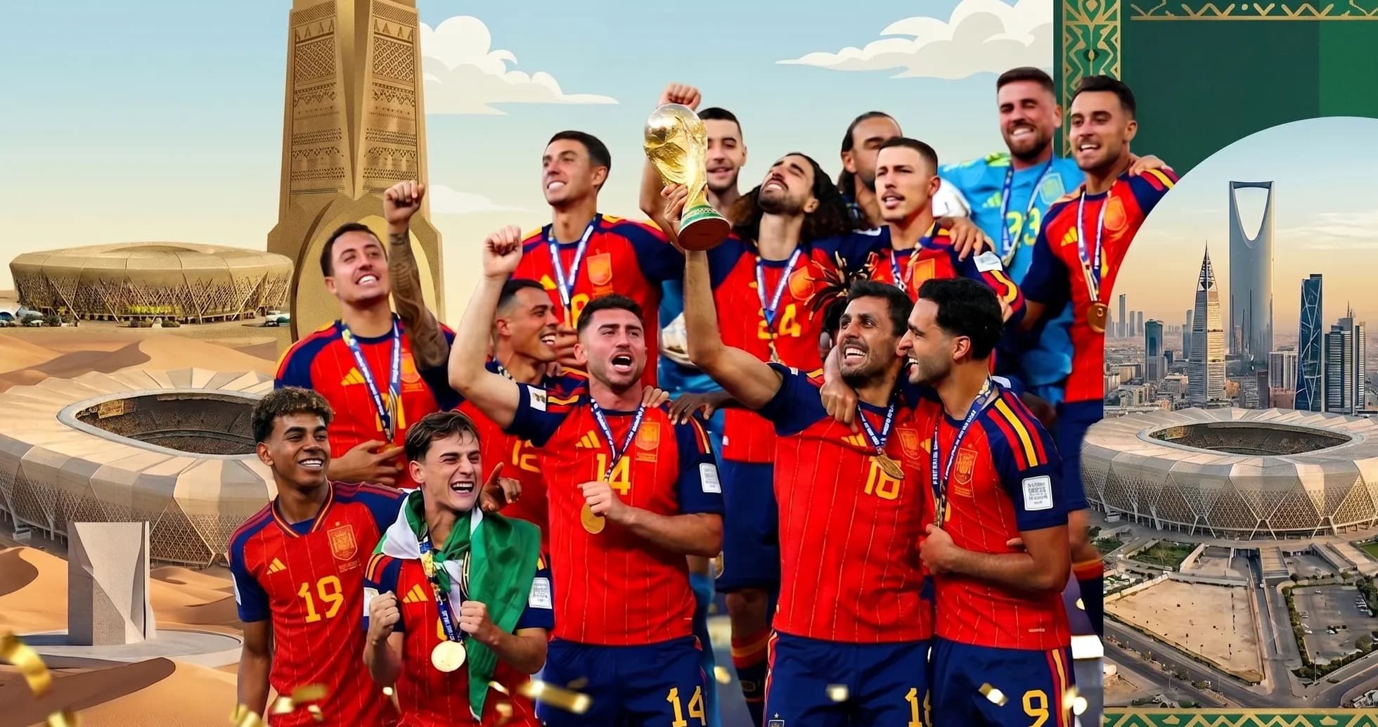 Jugadores de España celebrando la victoria con trofeo Jugadores de España celebrando la victoria con trofeo