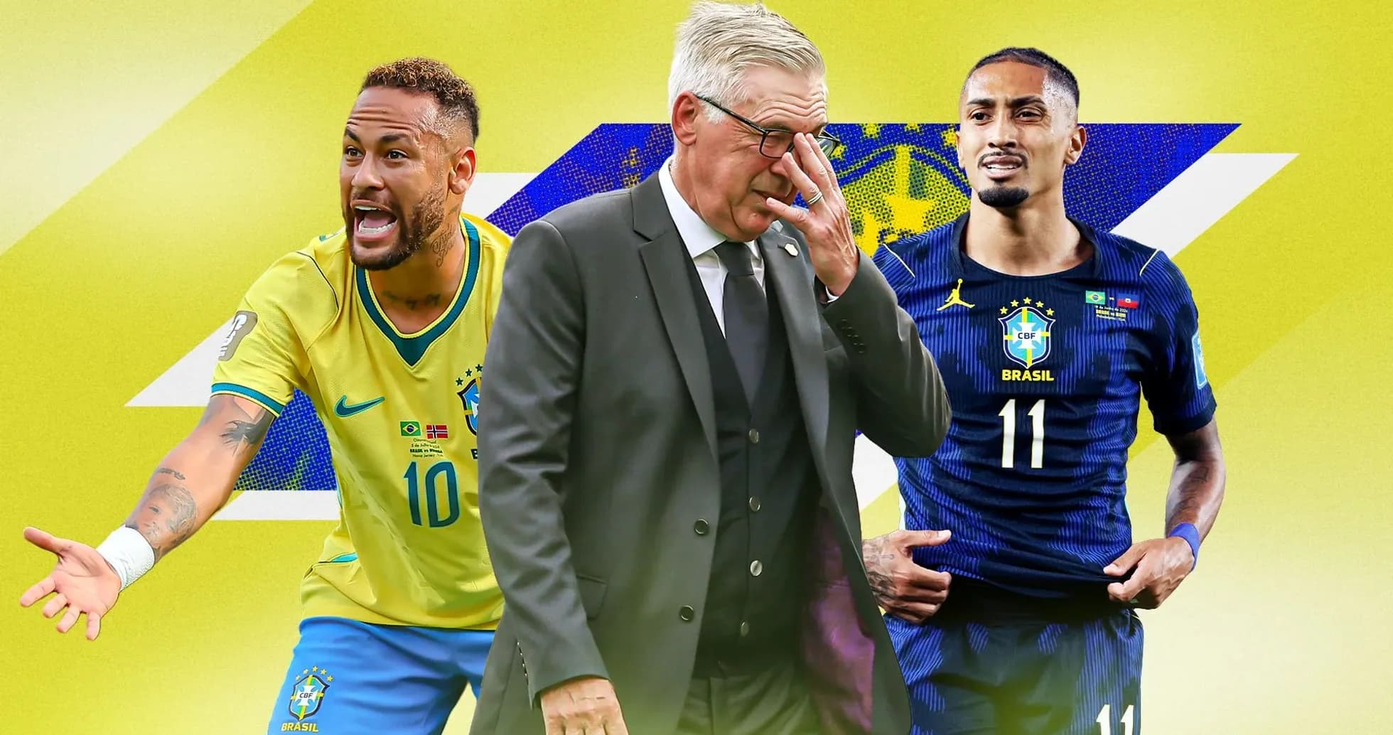 Neymar y jugador de Brasil con entrenador en fondo amarillo Neymar y jugador de Brasil con entrenador en fondo amarillo