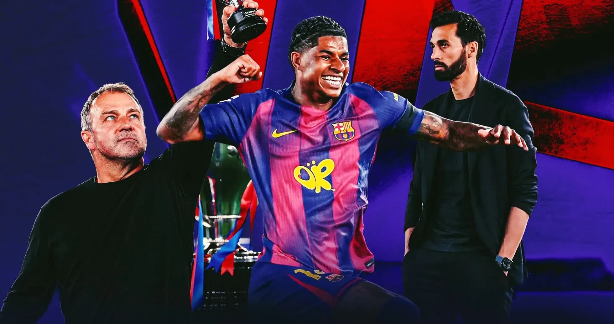 Jugador de Barcelona celebrando con trofeo y entrenadores Jugador de Barcelona celebrando con trofeo y entrenadores