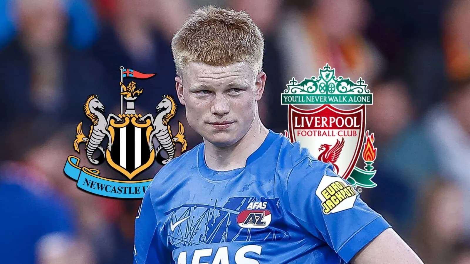 Jugador con camisón azul entre logos de Newcastle y Liverpool Jugador con camisón azul entre logos de Newcastle y Liverpool