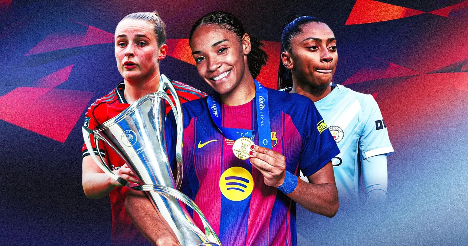 Tres jugadoras de fútbol con trofeo y medallas Tres jugadoras de fútbol con trofeo y medallas