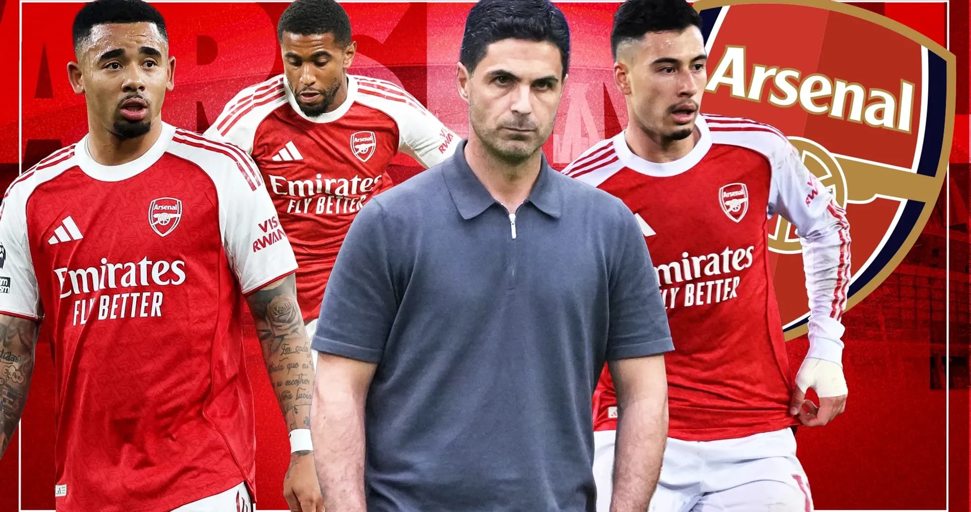 Jugadores de Arsenal y su entrenador en fondo rojo Jugadores de Arsenal y su entrenador en fondo rojo